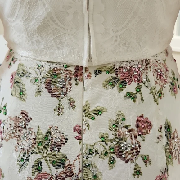 SIZE 8 white w/ pink & green floral 2 piece prom dress by Rachel Allan, no alter - Picture 9 of 13